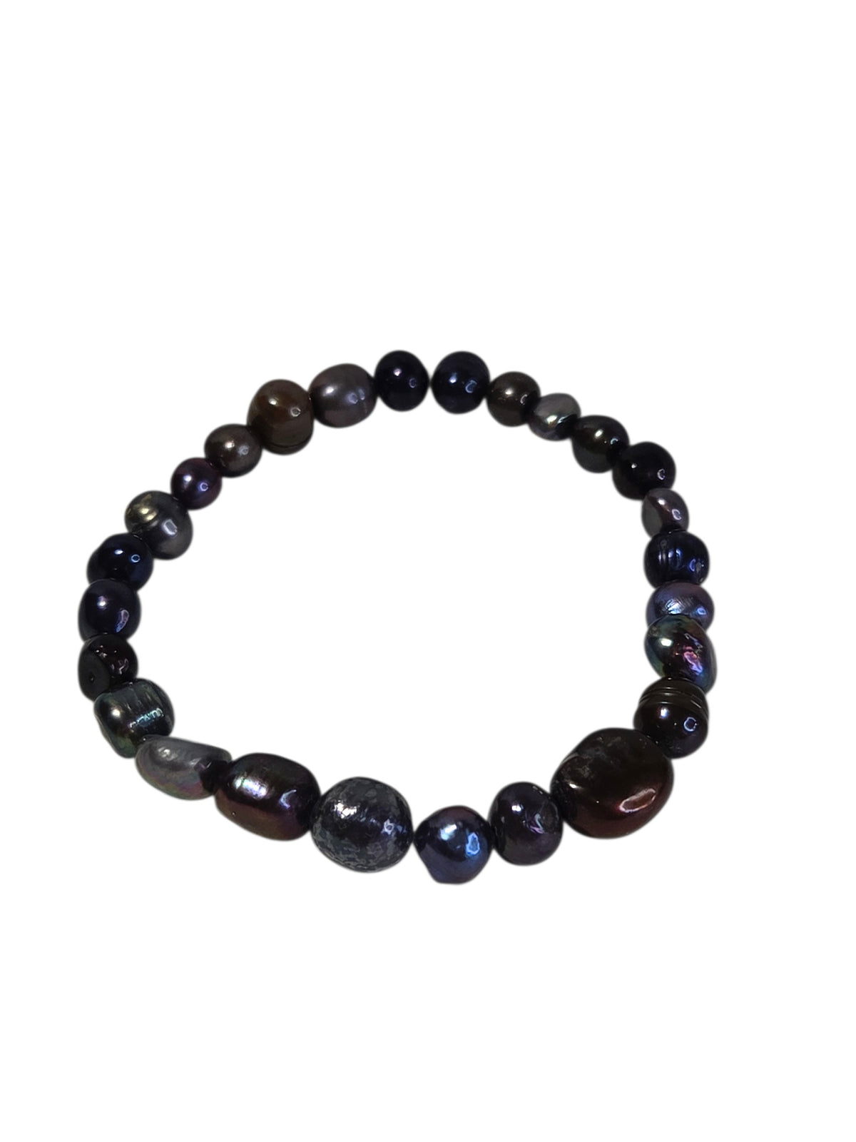 Genuine freshwater pearl stretch bracelet on white, peacock black, purple, gray and bronze baroque pearls