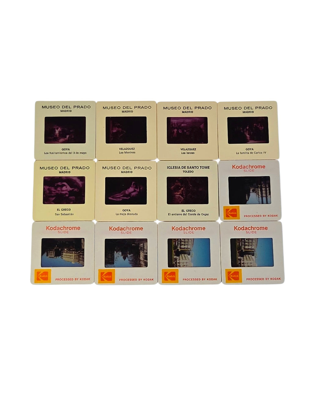 Vintage lot of 12 35mm slides on white: seven Museo del Prado and Toledo souvenir slides of Goya, Velazquez and El Greco paintings, plus five Kodachrome travel slides