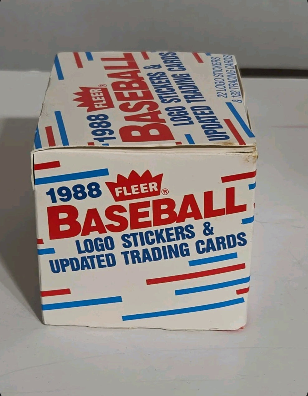 Oddly Darling Vintage 1988 Fleer baseball trading card and logo sticker display box with retro red and blue graphics