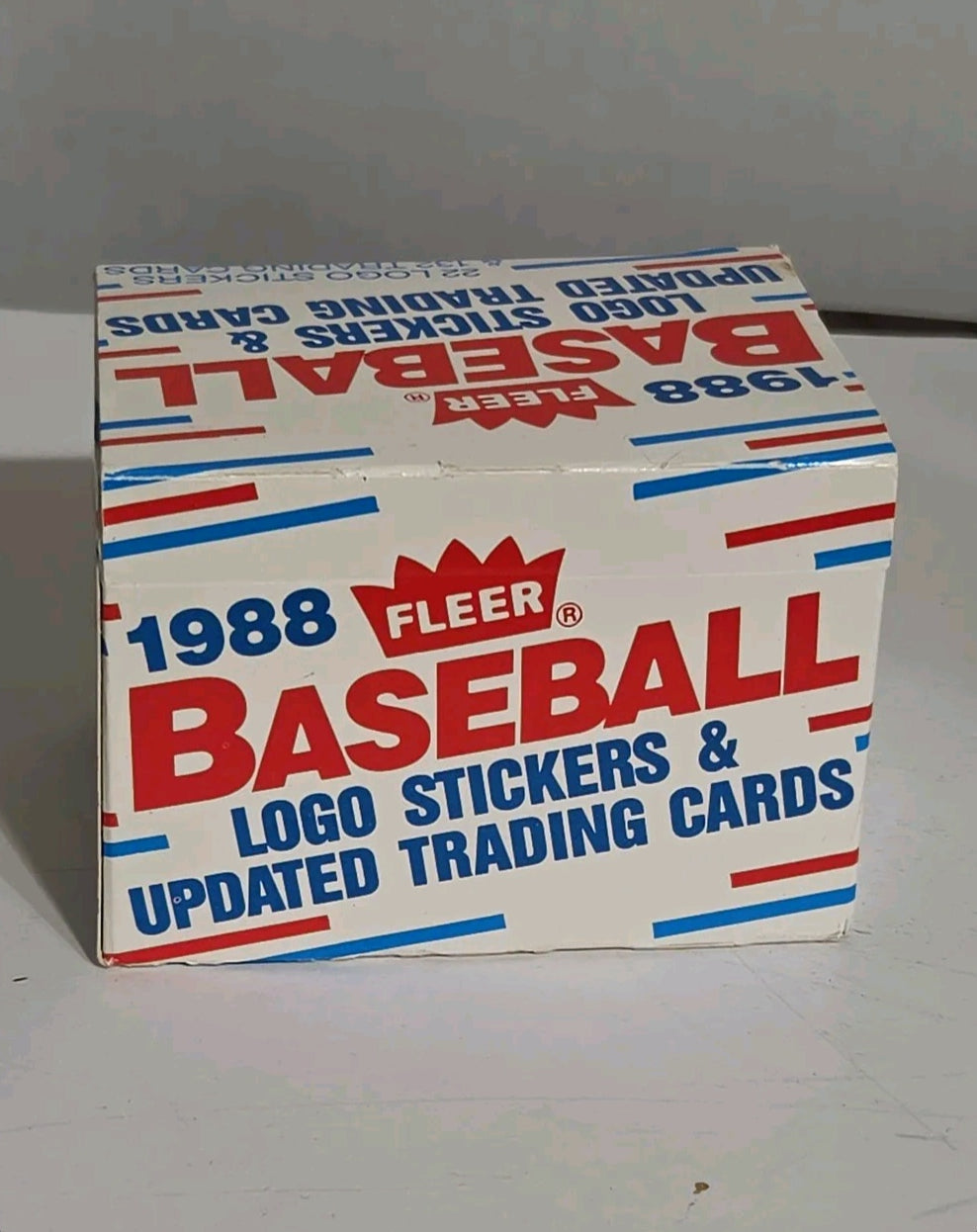 Oddly Darling Vintage 1988 Fleer baseball trading card and logo sticker display box with retro red and blue graphics