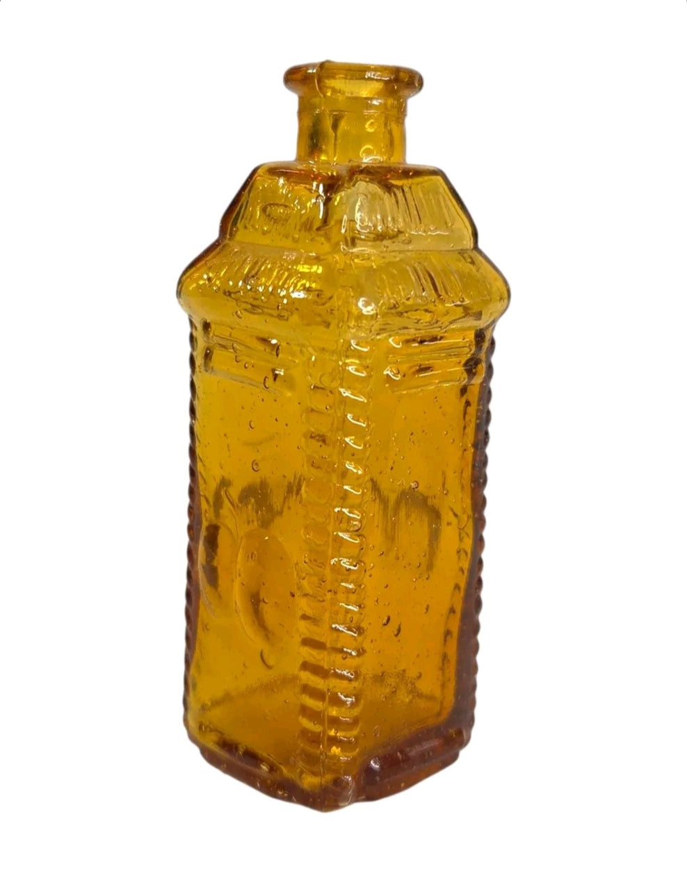 Oddly Darling Vintage miniature square amber glass apothecary bottle with textured edges and subtle air bubbles
