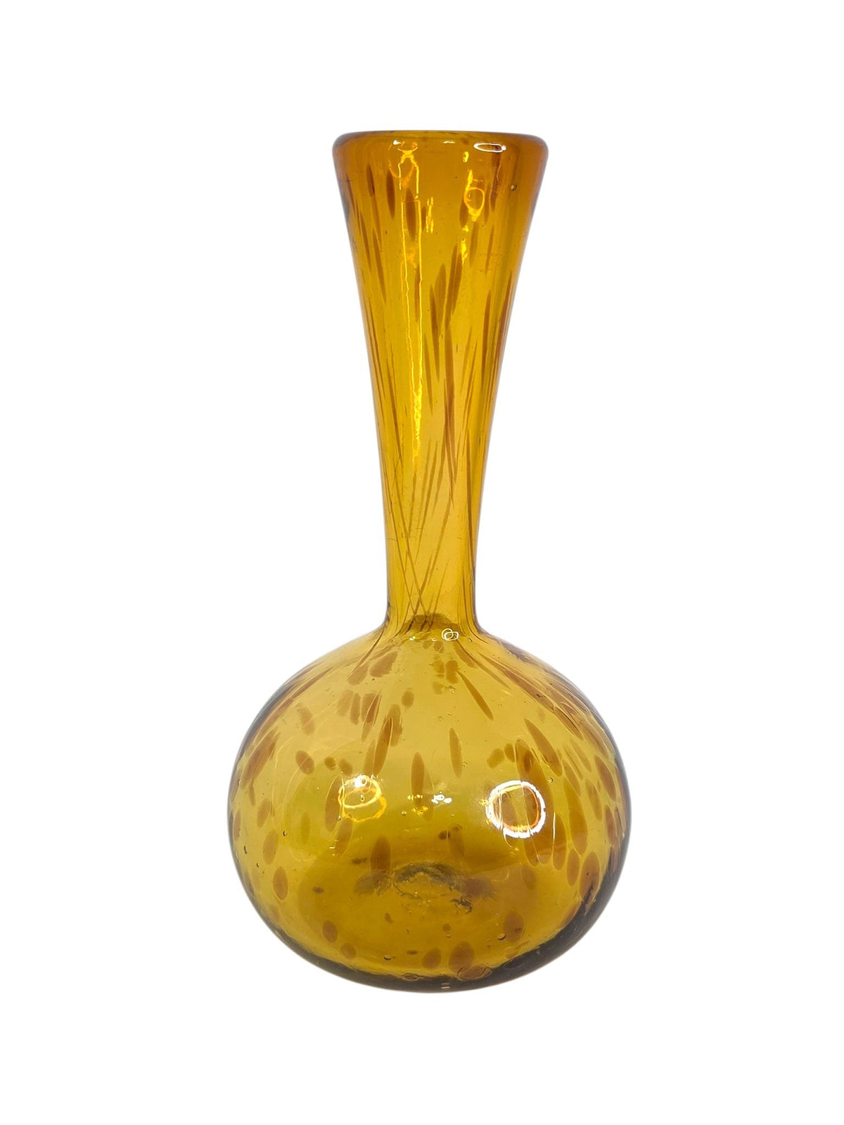 Oddly Darling Vintage amber hand-blown glass bud vase with a bulbous base and speckled organic design