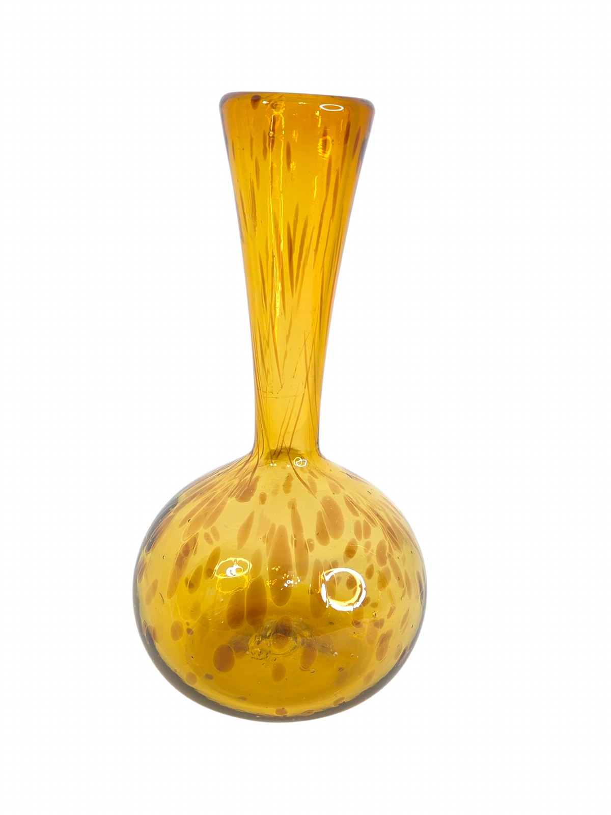 Oddly Darling Vintage amber hand-blown glass bud vase with a bulbous base and organic speckle details.
