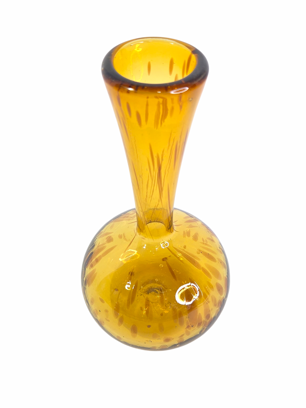 Oddly Darling Vintage amber hand-blown glass bud vase with a bulbous base and speckled organic design