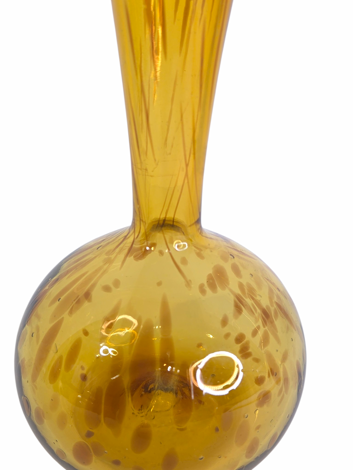 Oddly Darling Vintage hand-blown amber glass bud vase with a bulbous base and organic speckled details.