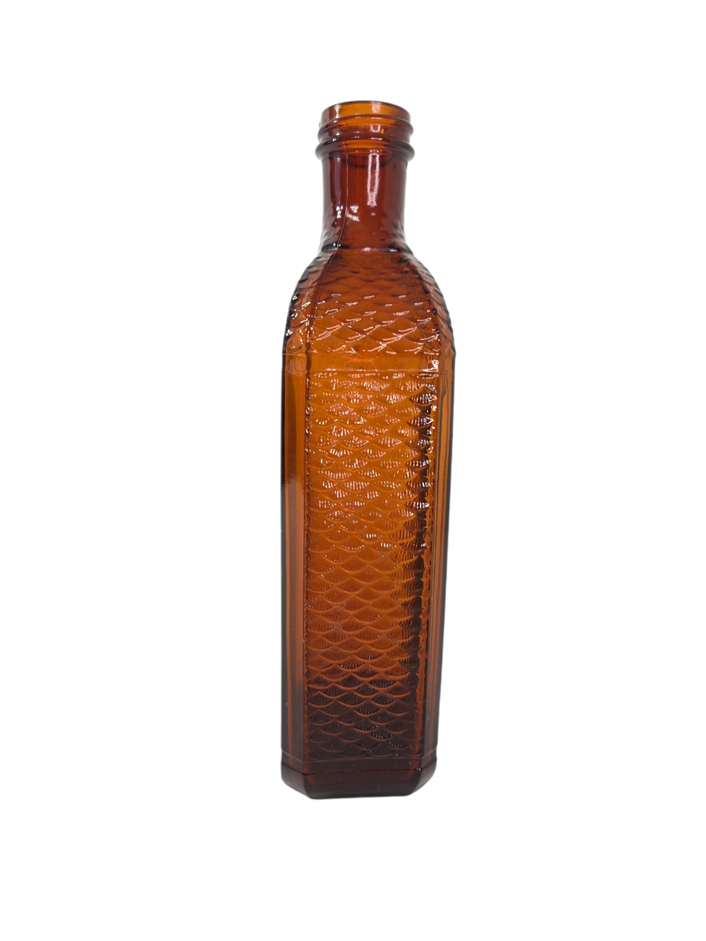 Oddly Darling Vintage amber glass bottle with an embossed fish scale texture and nautical design