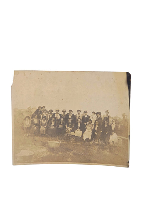 Oddly Darling Vintage antique sepia-toned group portrait photograph featuring men and women in early 20th-century attire