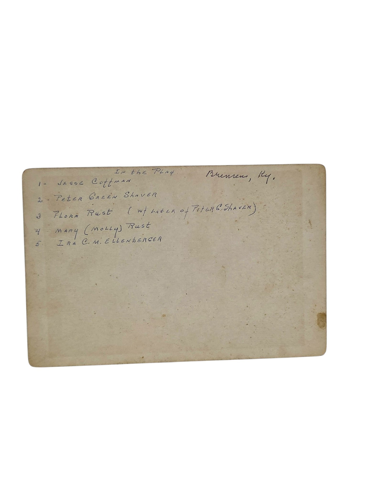 Oddly Darling Vintage antique cabinet card photograph back with handwritten names of individuals from a Bremen Kentucky play