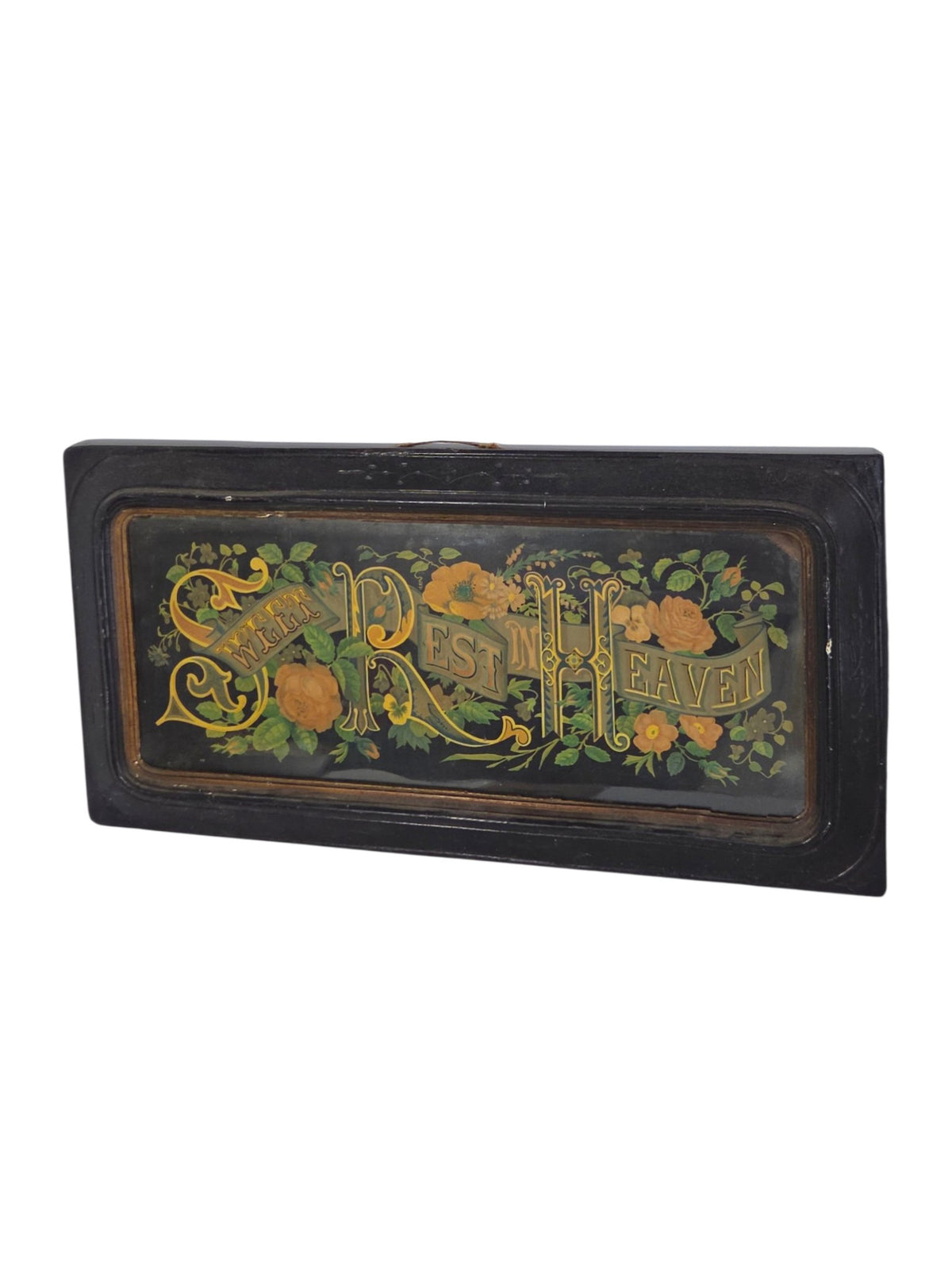 Oddly Darling Vintage 25 x 12.5 inch Sweet Rest in Heaven chromolithograph in original black frame.