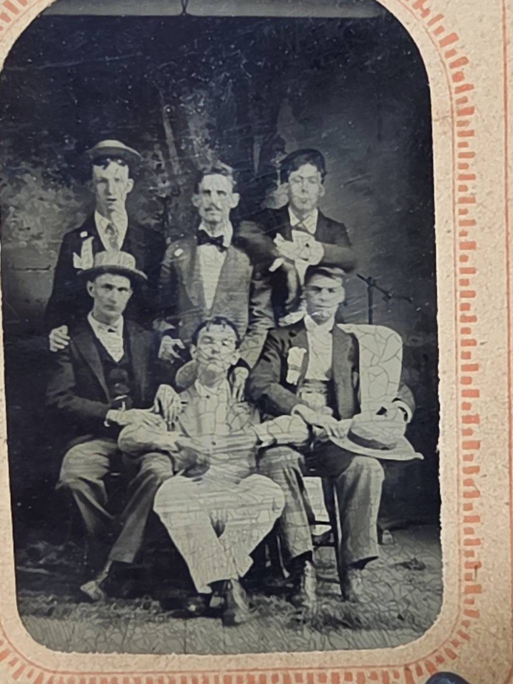 Oddly Darling Vintage tintype of six young men in suits and boater hats with lapel ribbons