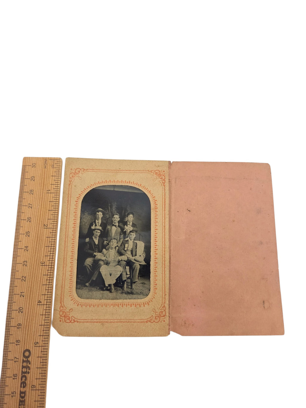 Oddly Darling Vintage antique tintype in paper sleeve with ruler showing about 3.25 by 5 inches