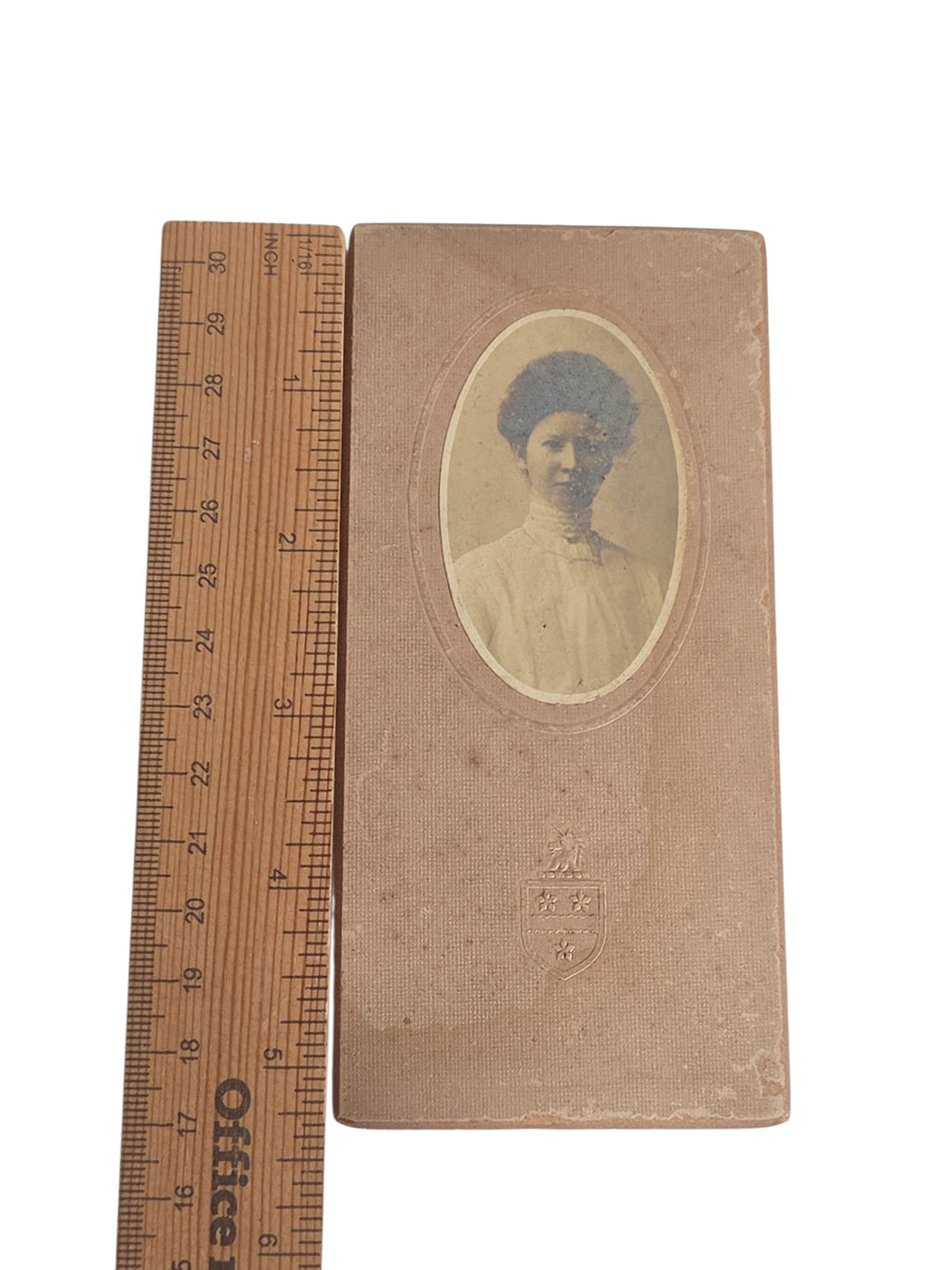 Oddly Darling Vintage Edwardian portrait of a young woman with ruler showing about 4.5 inches
