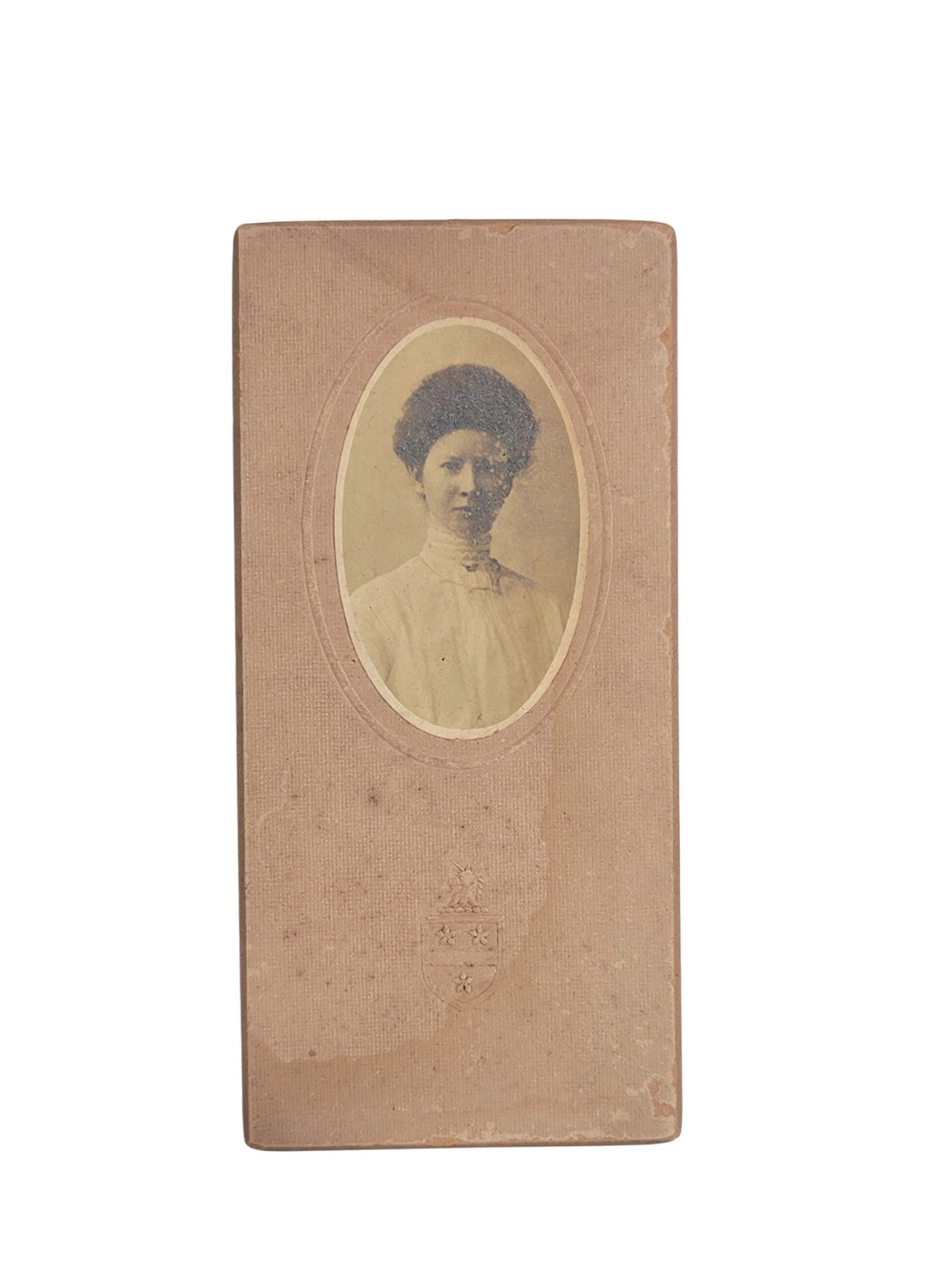 Oddly Darling Vintage Edwardian oval portrait of a young woman in a high-collar shirtwaist on an embossed card mount