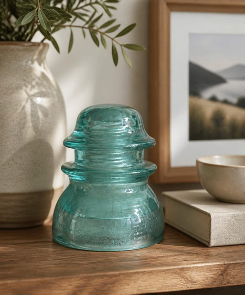 Oddly Darling Vintage aqua blue glass telegraph insulator with stepped design on a wooden shelf with home decor.