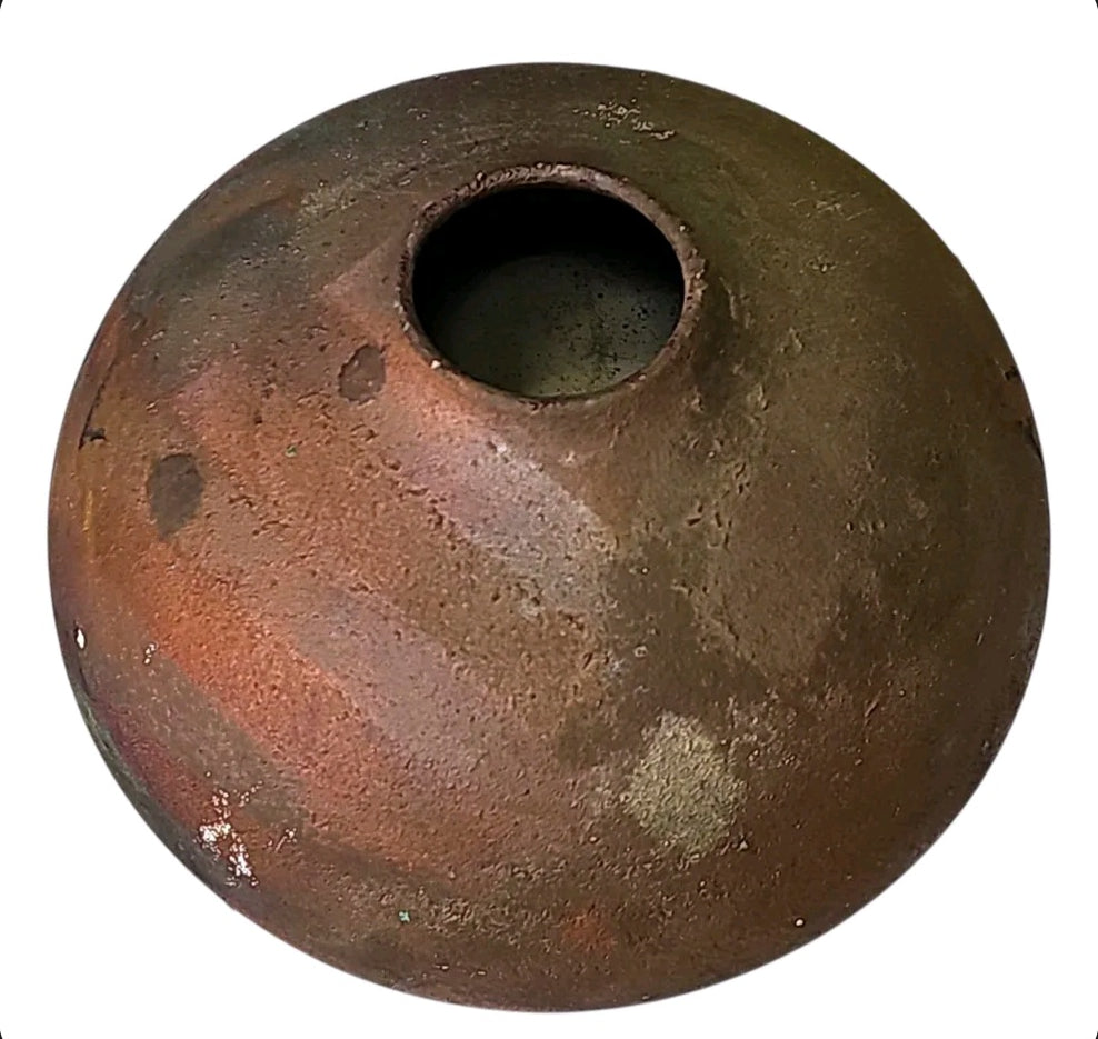 Oddly Darling Vintage handcrafted ceramic vase with a round organic shape, iridescent copper and earthy brown finish.