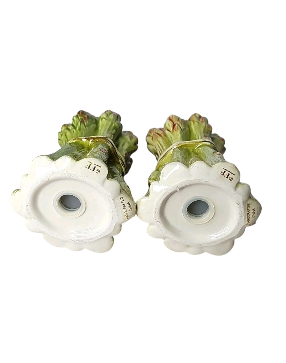 Oddly Darling Vintage ceramic asparagus salt and pepper shakers showing the base with stoppers and maker marks