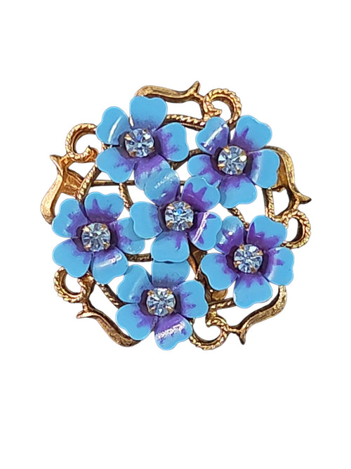 Oddly Darling Vintage AVON floral brooch with blue and purple enamel flowers, clear rhinestones, and gold filigree.