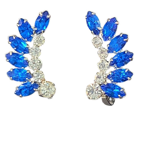 Oddly Darling Vintage B. David clip-on ear climbers with blue marquise and clear round rhinestones in silver-tone metal