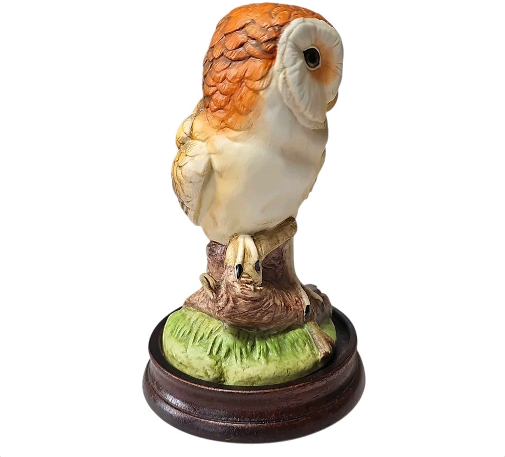 Oddly Darling Vintage Andrea by Sadek barn owl figurine with detailed feathers on a dark wooden pedestal base
