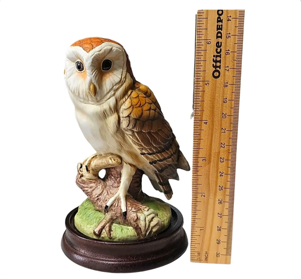 Oddly Darling Vintage Andrea by Sadek barn owl figurine with detailed feathers on a wooden base next to a ruler.