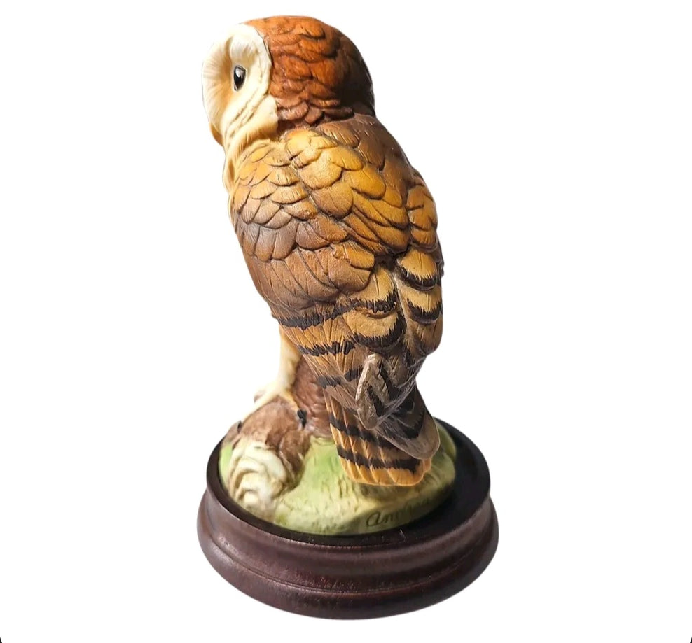 Oddly Darling Vintage Andrea by Sadek barn owl figurine with detailed brown feathers on a dark wooden base