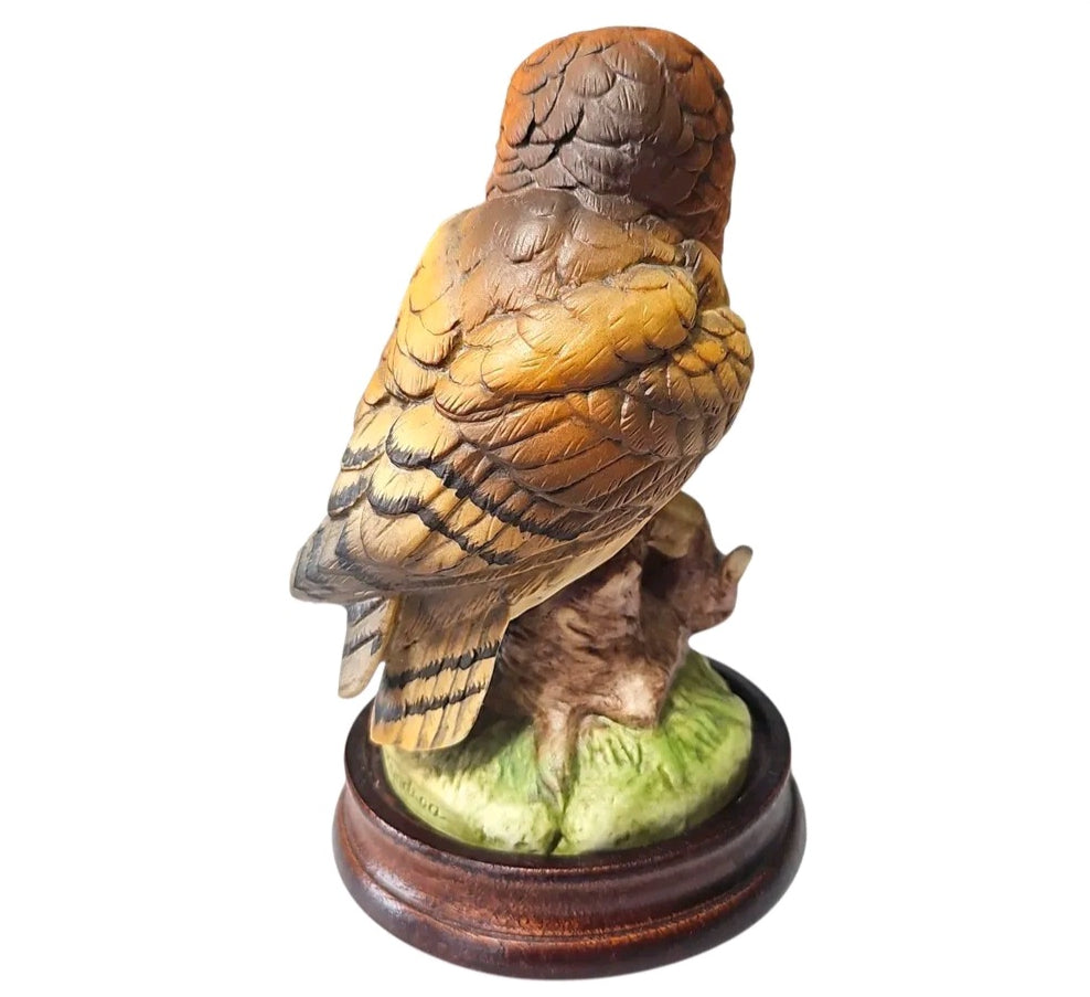 Oddly Darling Vintage Andrea by Sadek barn owl figurine featuring detailed brown feathers on a wooden base