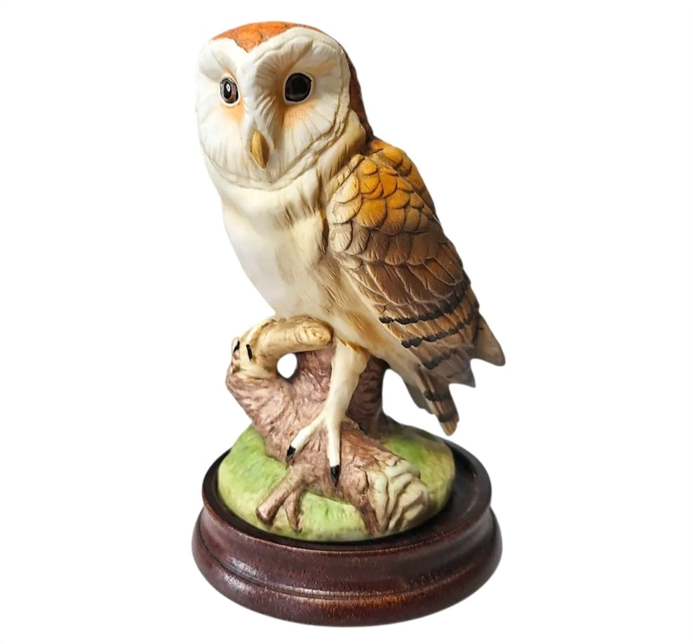 Oddly Darling Vintage Andrea by Sadek barn owl figurine with detailed feathers on a wooden base