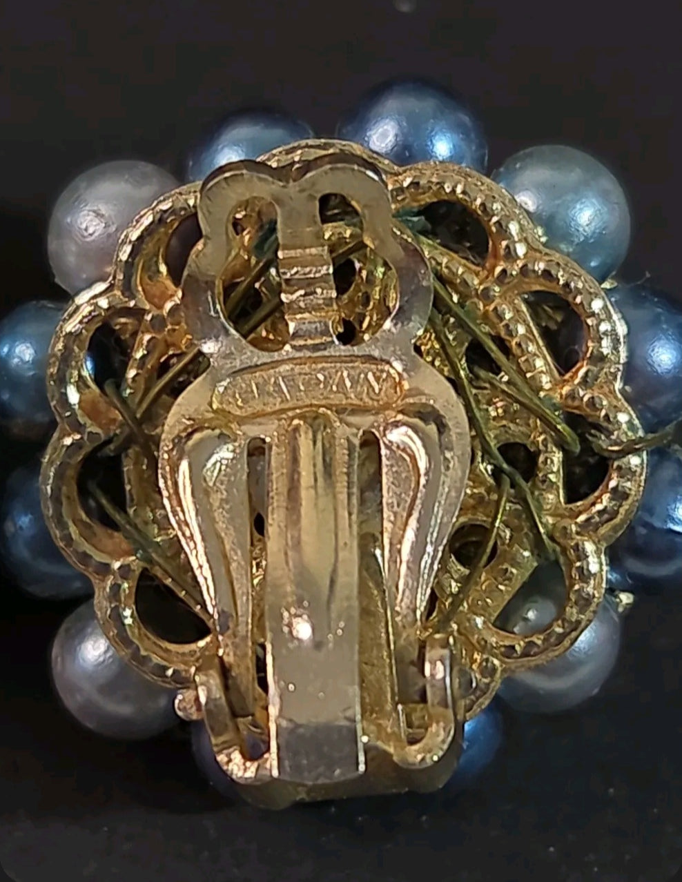 Oddly Darling Vintage mid-century clip-on earrings featuring blue and grey faux pearls and a gold-tone metal back