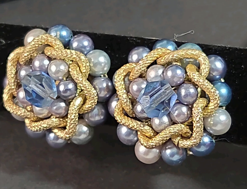 Oddly Darling Vintage mid-century cluster clip-on earrings with blue and grey faux pearls and central blue crystals.