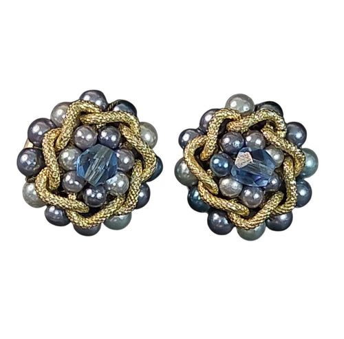 Oddly Darling Vintage mid-century clip-on earrings with blue and grey faux pearls, central crystal, and gold-tone frame
