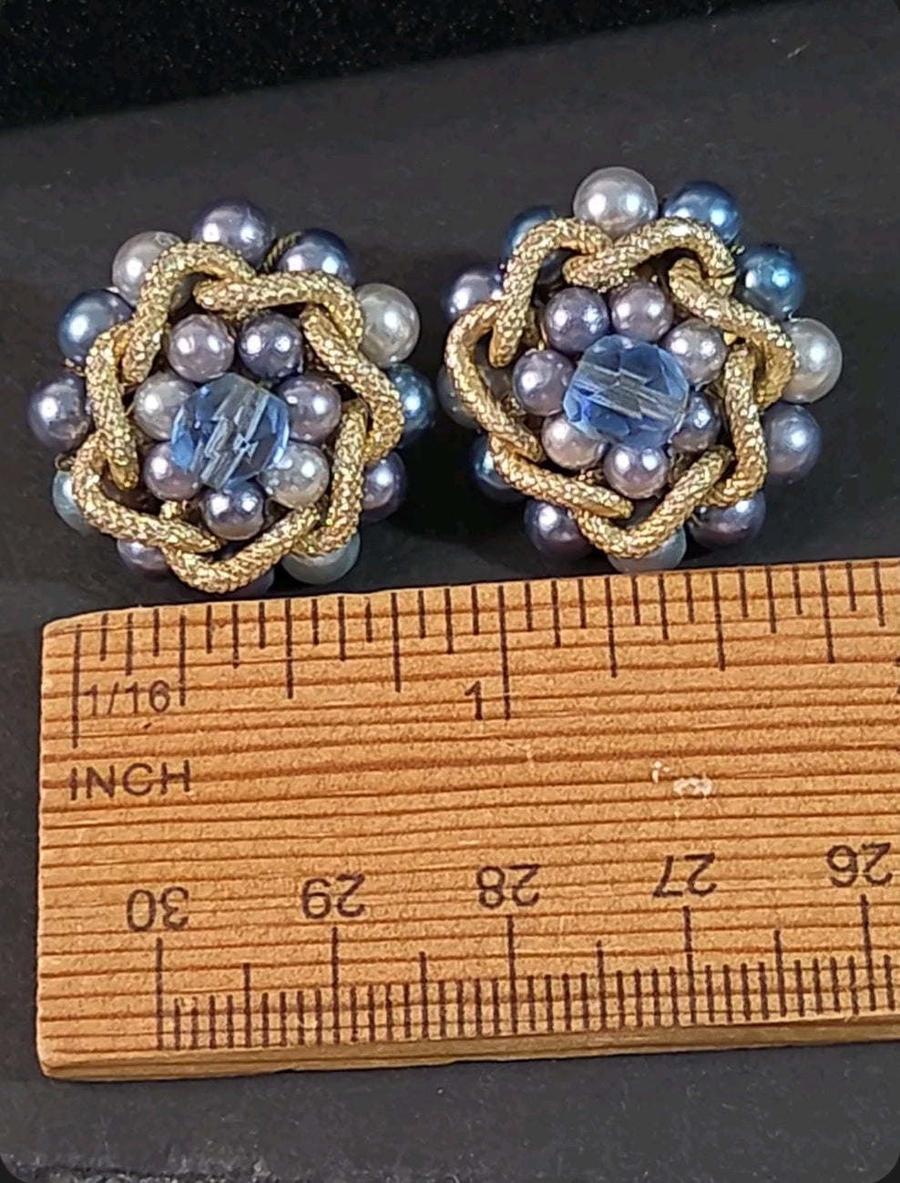 Oddly Darling Vintage mid-century clip-on earrings with blue and grey faux pearls, blue crystal, and gold-tone metal.