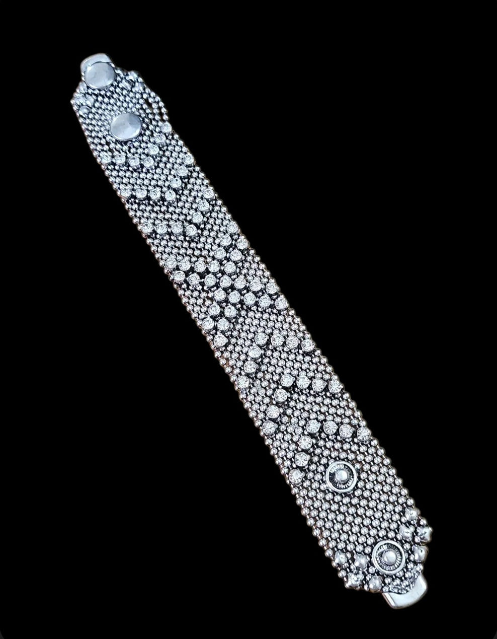Oddly Darling Vintage wide silver-tone cuff bracelet featuring intricate beaded mesh and shimmering faceted crystals.