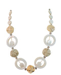 Oddly Darling Vintage artisan statement necklace featuring mother-of-pearl discs, stone beads, and crystal accents.