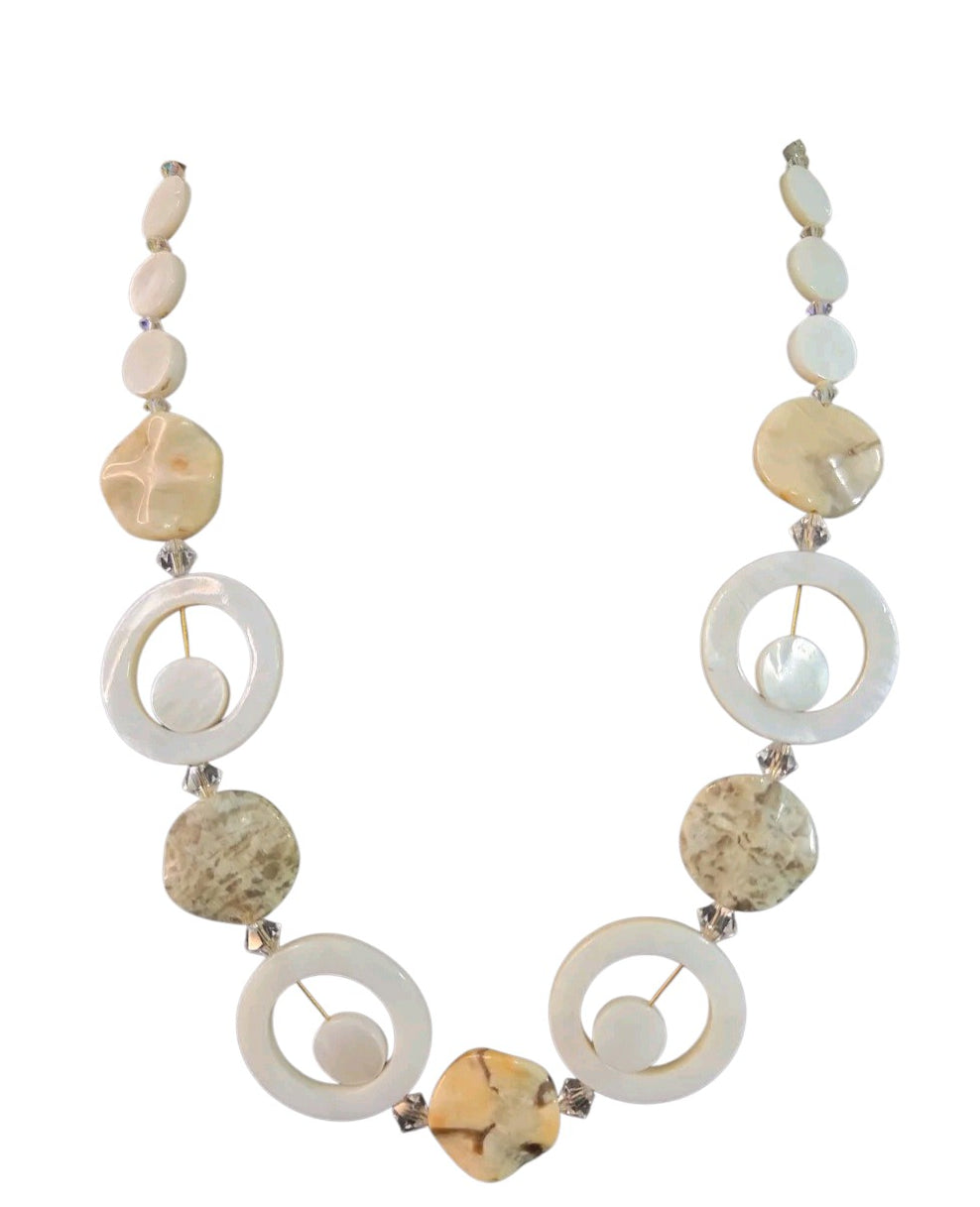 Oddly Darling Vintage artisan statement necklace featuring mother-of-pearl discs, stone beads, and crystal accents.