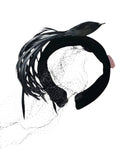 Oddly Darling Vintage black velvet fascinator headband featuring dark feathers and a delicate mesh netting veil.