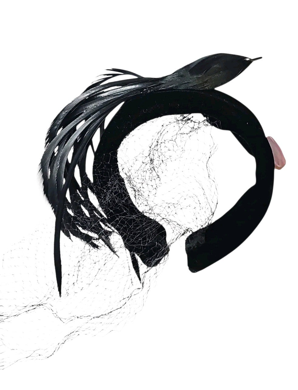 Oddly Darling Vintage black velvet fascinator headband featuring dark feathers and a delicate mesh netting veil.