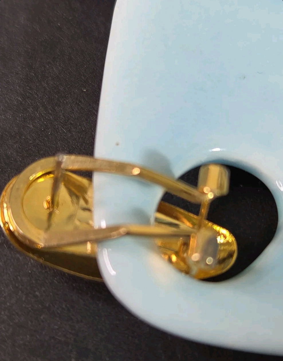 Oddly Darling Vintage sky-blue ceramic square clip-on earring with polished gold-tone metal hardware