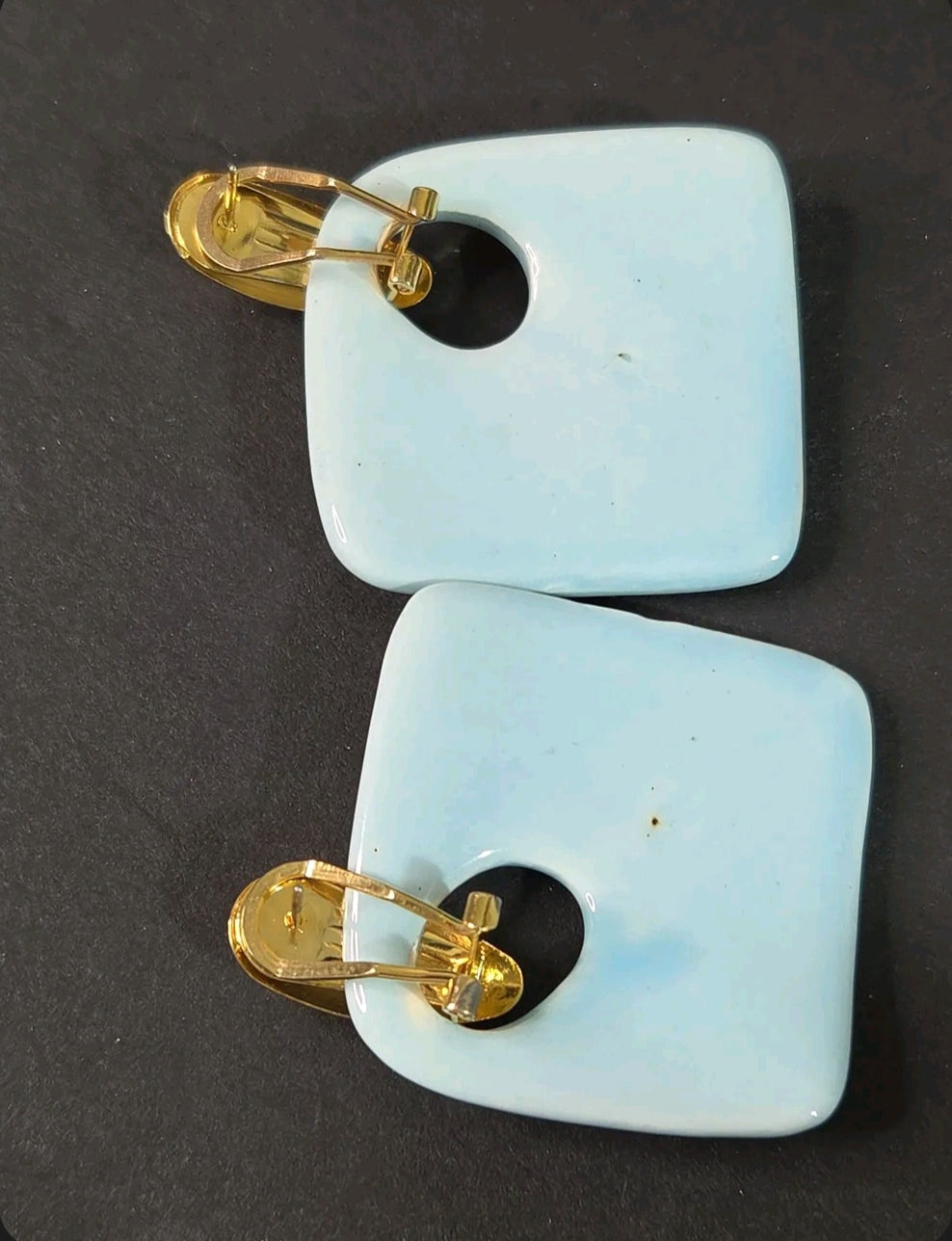 Oddly Darling Vintage square sky-blue ceramic clip-on earrings with polished gold-tone metal hardware