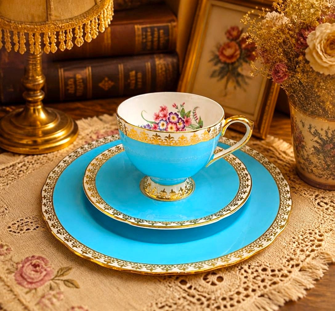 Oddly Darling Vintage sky-blue porcelain tea cup, saucer, and plate set with gold filigree and floral motifs.