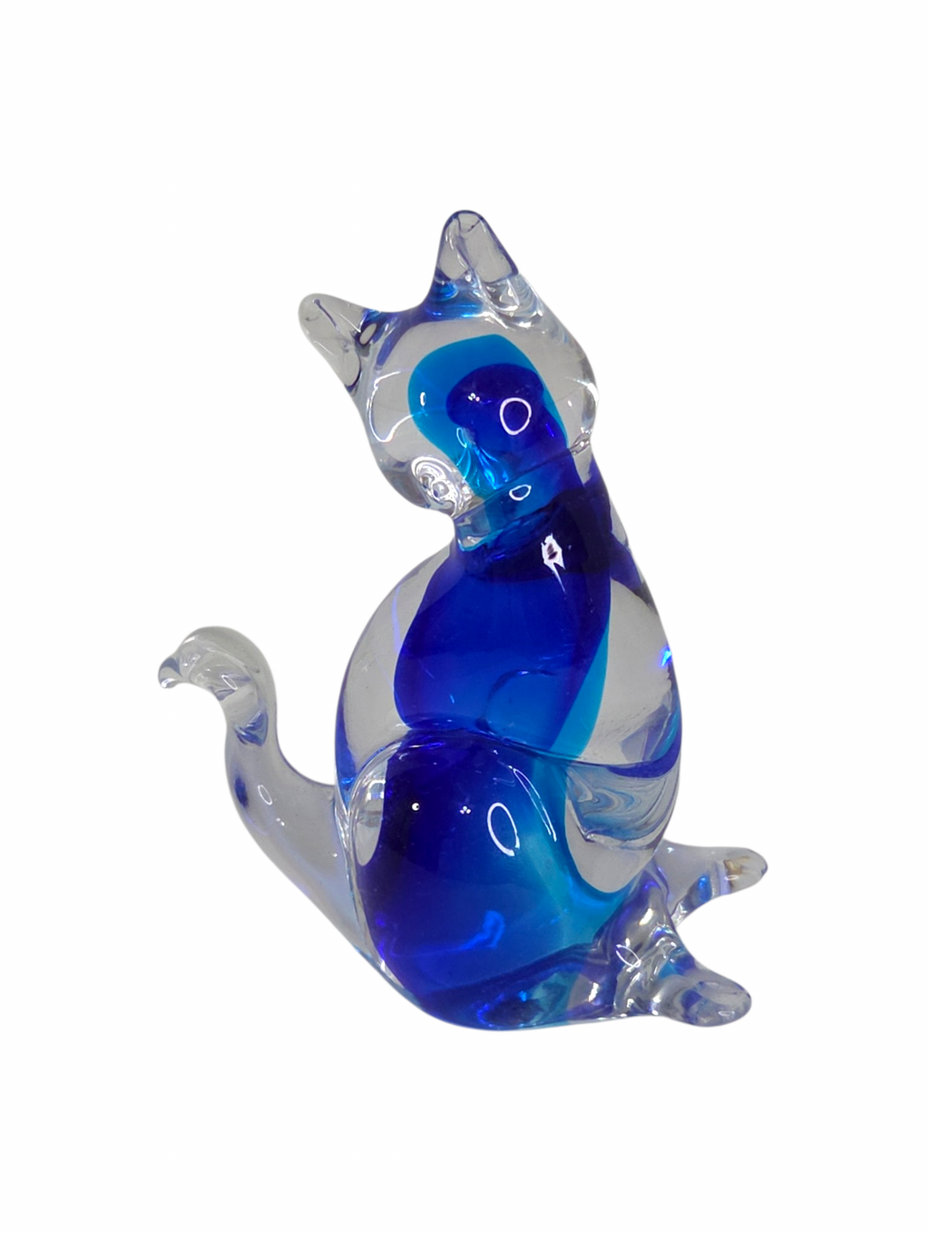 Oddly Darling Vintage handcrafted clear and blue glass cat figurine with a modern, fluid silhouette.