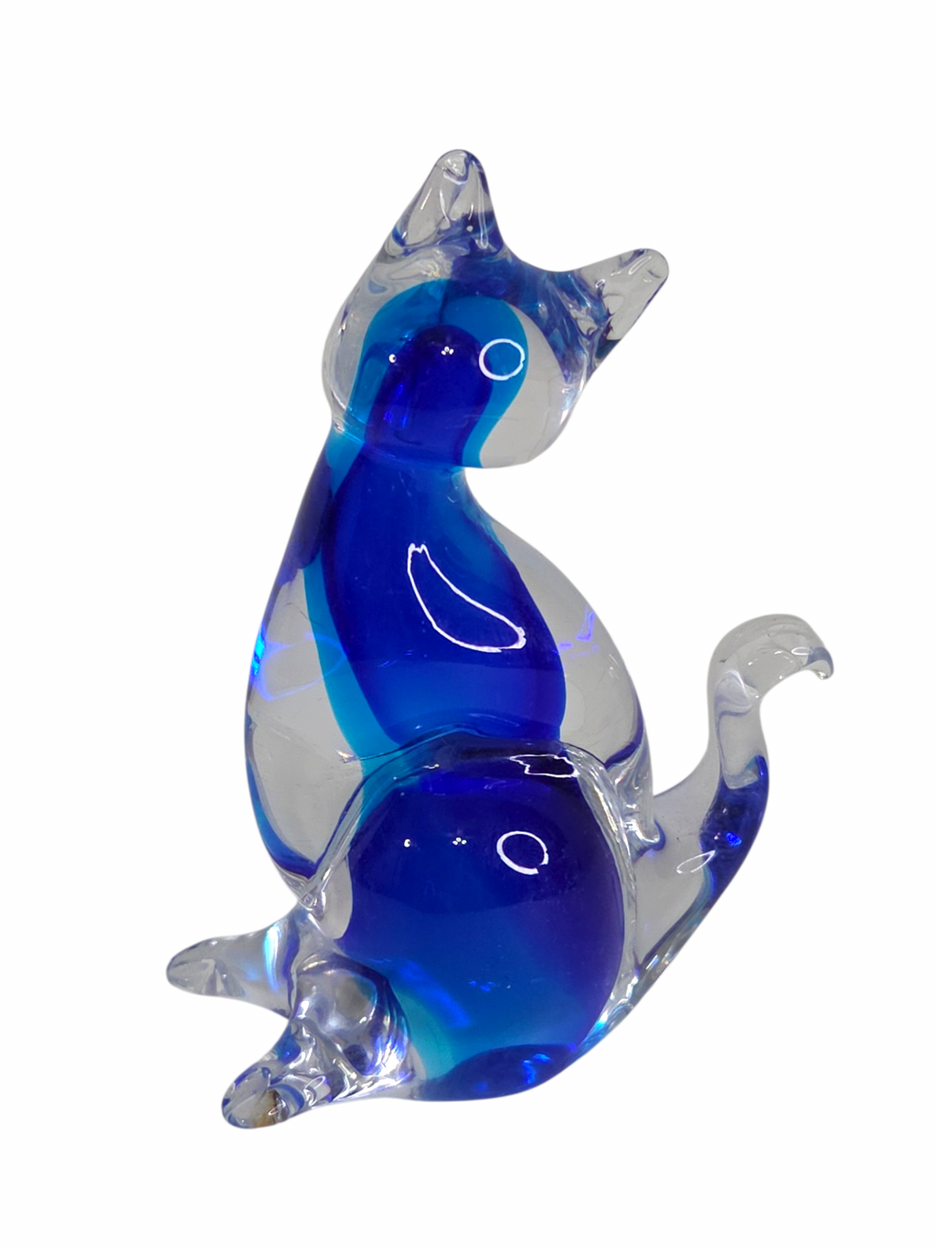 Oddly Darling Vintage handcrafted clear and blue glass cat figurine with a modern, fluid silhouette.