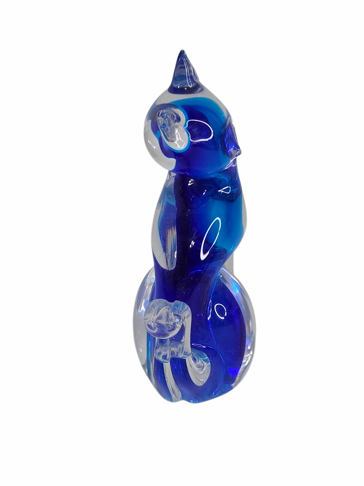 Oddly Darling Vintage handcrafted clear and blue glass cat figurine with a modern, fluid silhouette.
