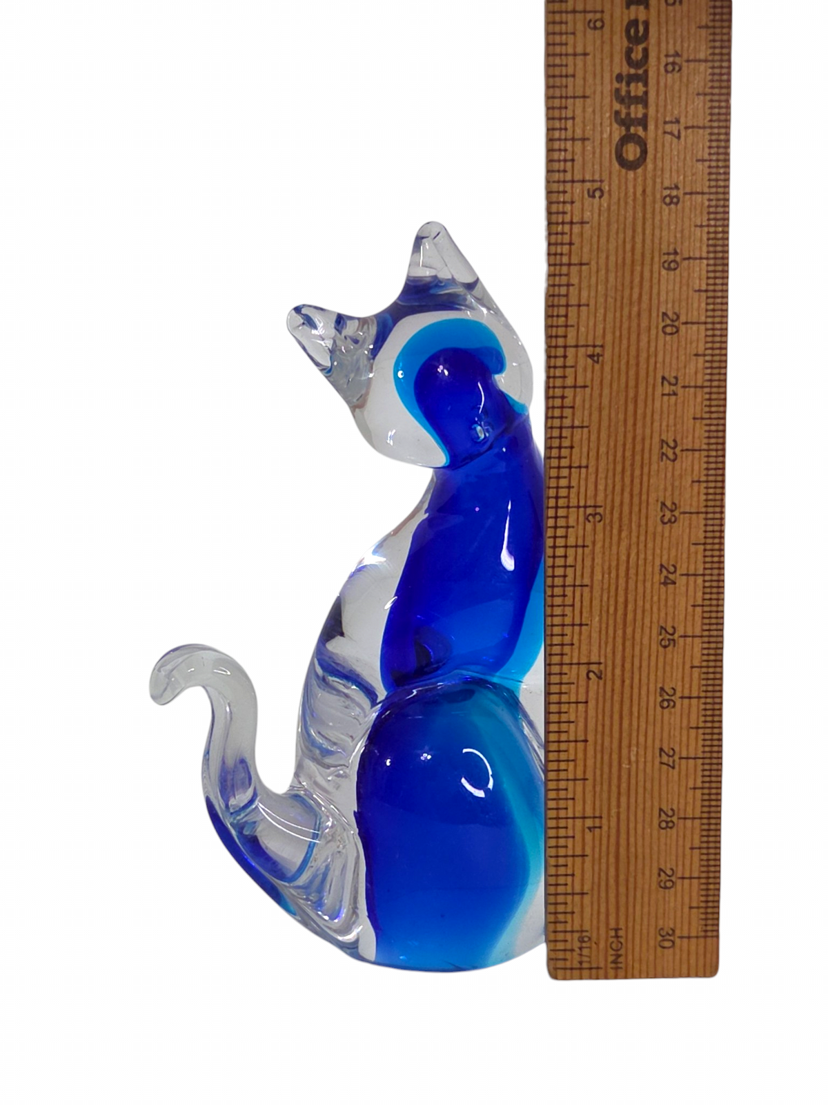 Oddly Darling Vintage handcrafted clear and blue glass cat figurine showing scale with a wooden ruler