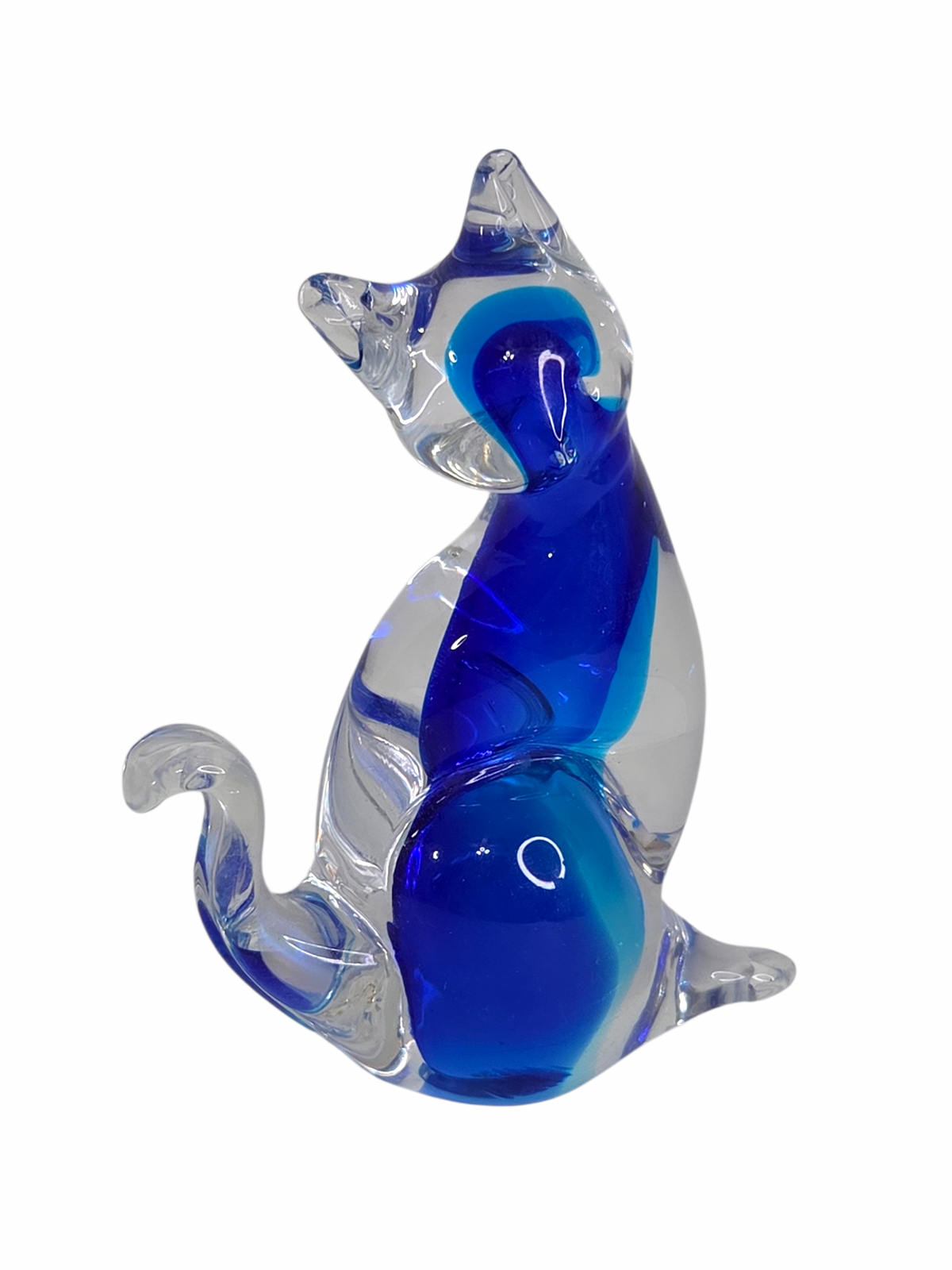 Oddly Darling Vintage handcrafted clear and blue glass cat figurine with a modern, fluid silhouette.