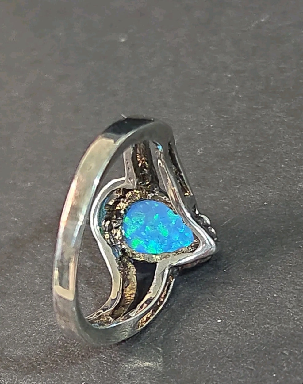 Oddly Darling Vintage pear-shaped blue opal statement ring with a textured silver-tone split-shank band.