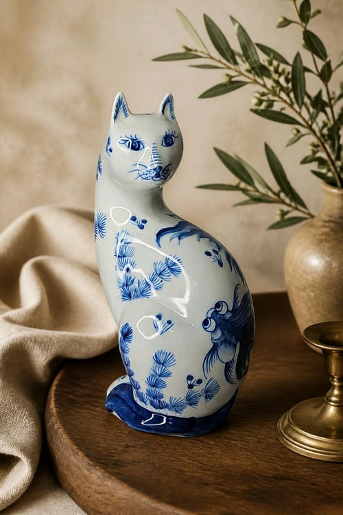 Oddly Darling Vintage ceramic cat figurine with blue and white hand-painted goldfish and botanical motifs