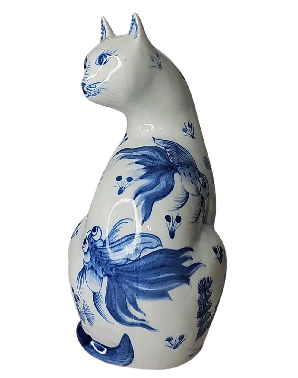 Oddly Darling Vintage ceramic cat figurine with blue and white hand-painted goldfish and botanical motifs.