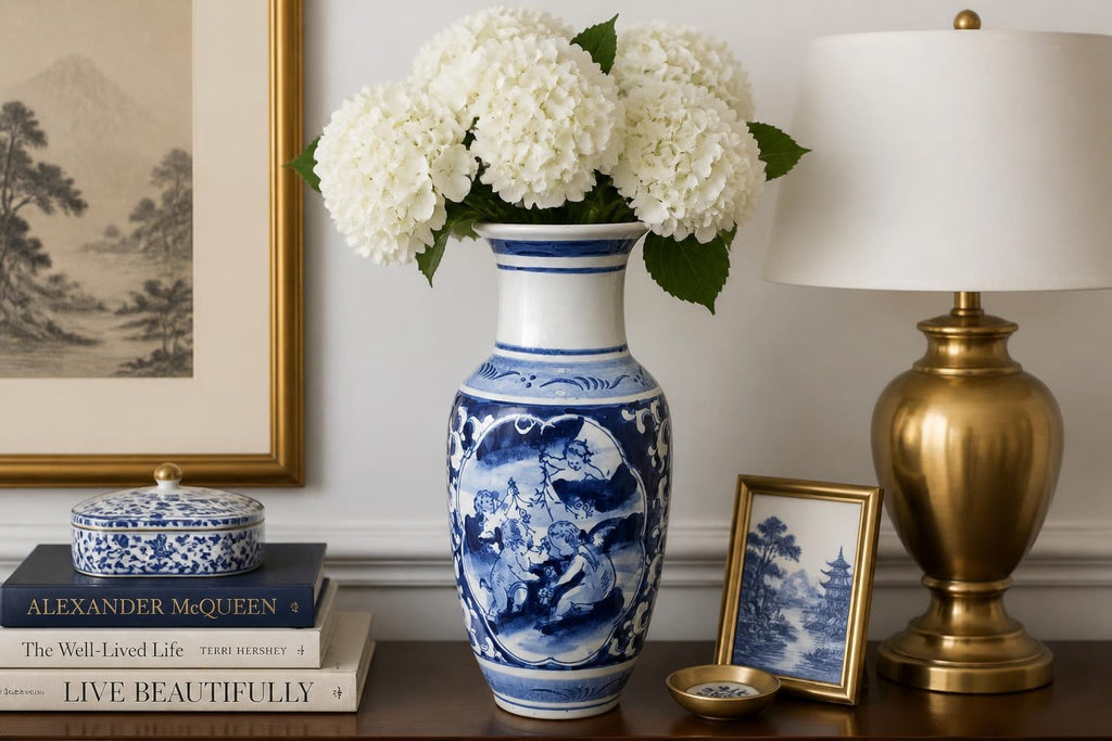 Oddly Darling Vintage blue and white ceramic vase with cherub motifs and white hydrangeas on a wooden console table.