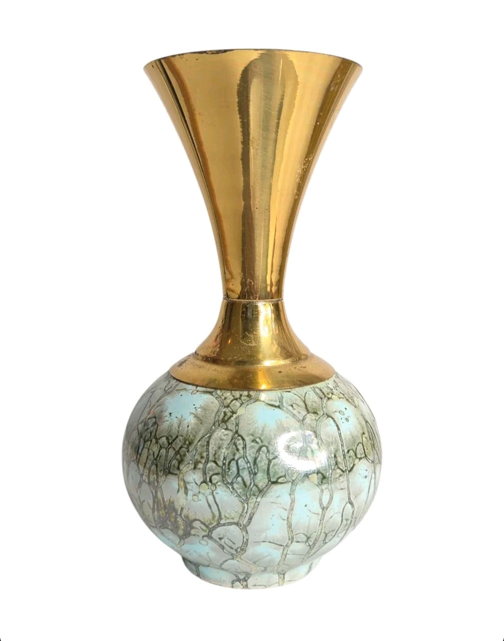 Oddly Darling Vintage bud vase with a blue-green crackle ceramic base and a polished brass flared neck.