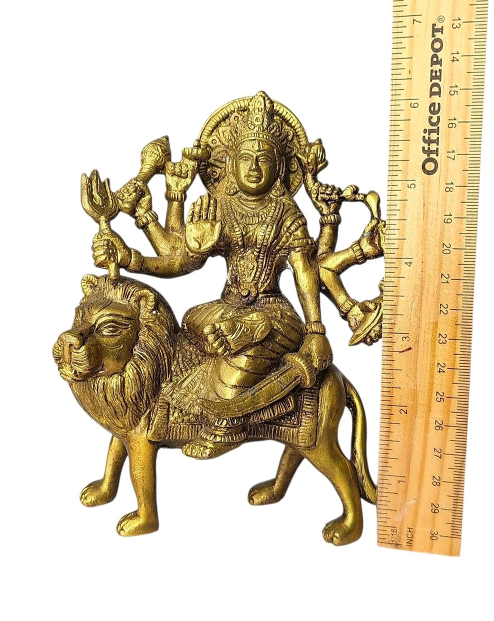 Oddly Darling Vintage handcrafted brass Goddess Durga statue riding a lion with intricate carvings and gold finish